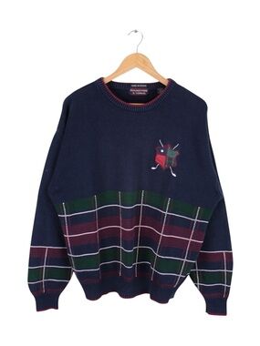 Vintage‎ Roundtree & Yorke Golf Sweater Hand Intarsia Plaid Crest Navy L